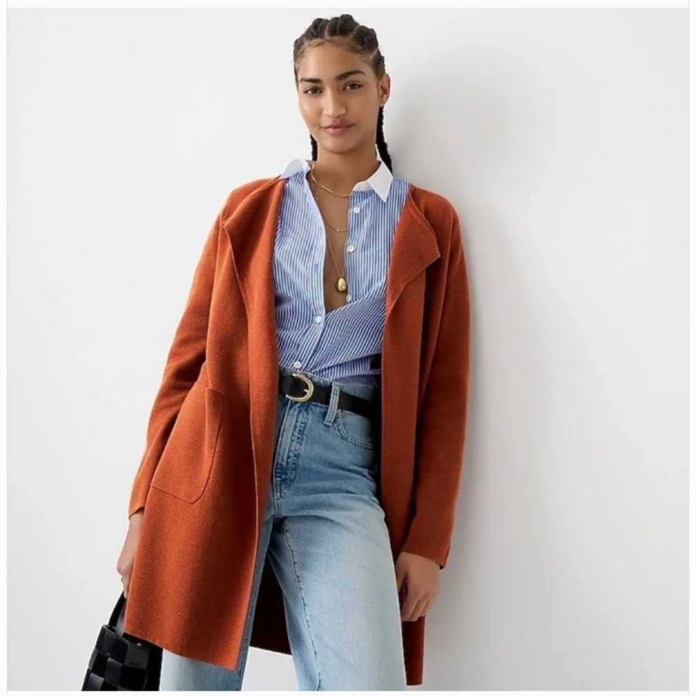 J.Crew Women Juliette Collarless Sweater Blazer Rust Wool Blend Long Cardigan M